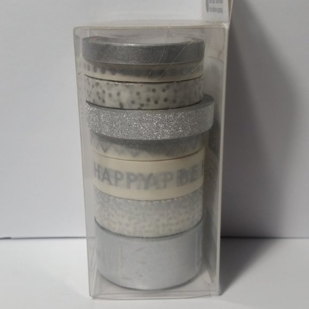 Washi Tape 8 Pack Silver Glitter Be Happy Love Gem